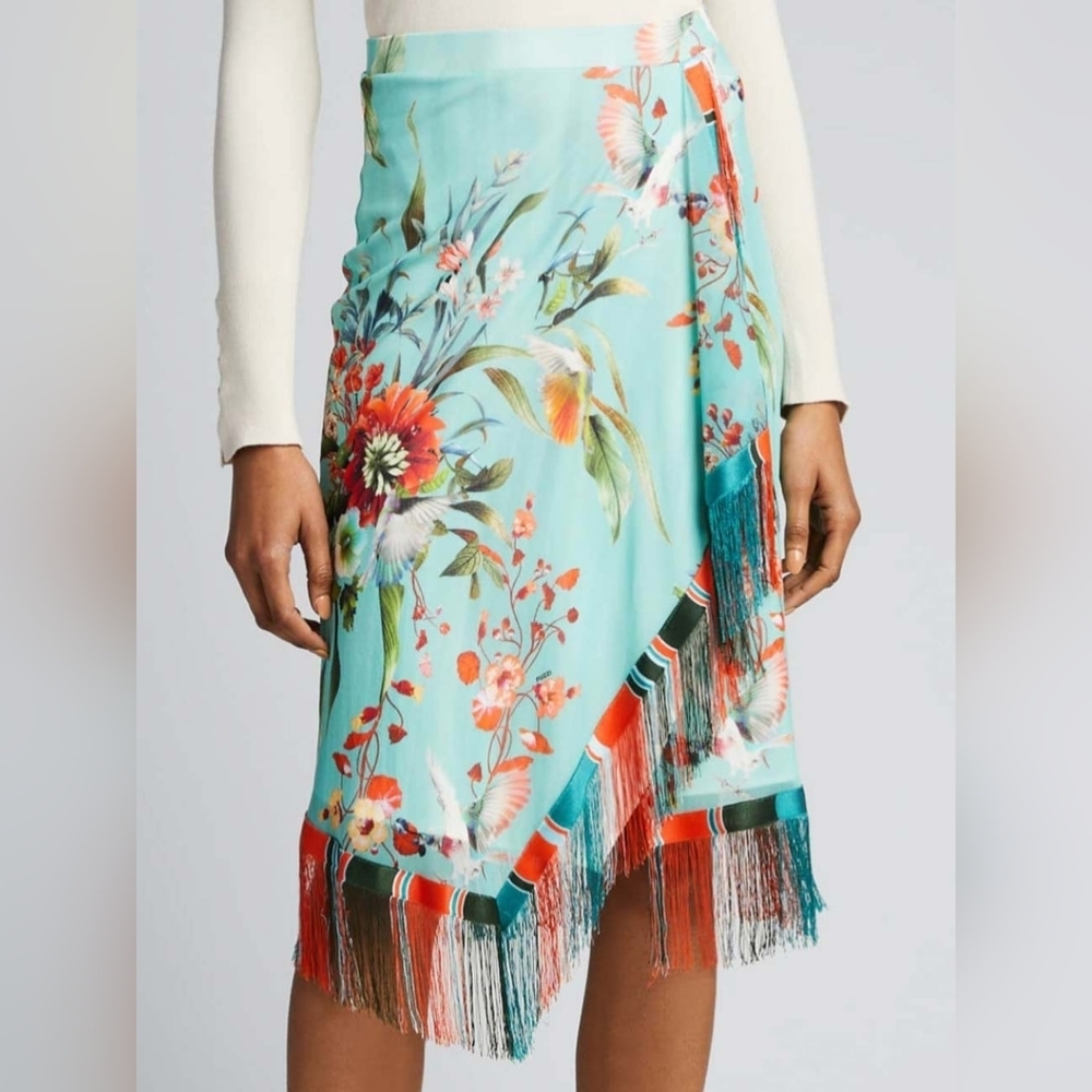 NWT FUZZI $445 Womens Multicolor Faux Wrap Fringe Trim Floral Birds Skirt‎ LARGE